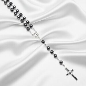Hematite Beaded Catholic Rosary Prayer Crucifix Silver Tone Gothic Necklace NWOT